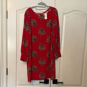 LOFT Red Floral Long Sleeve Dress